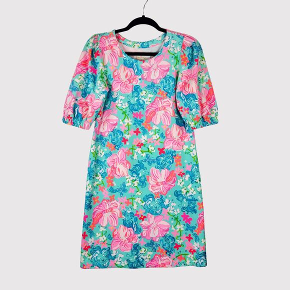 Lilly Pulitzer Dress Blue Cayce Mini Puff Sleeve Floral Luscious Lions Small - Picture 2 of 11